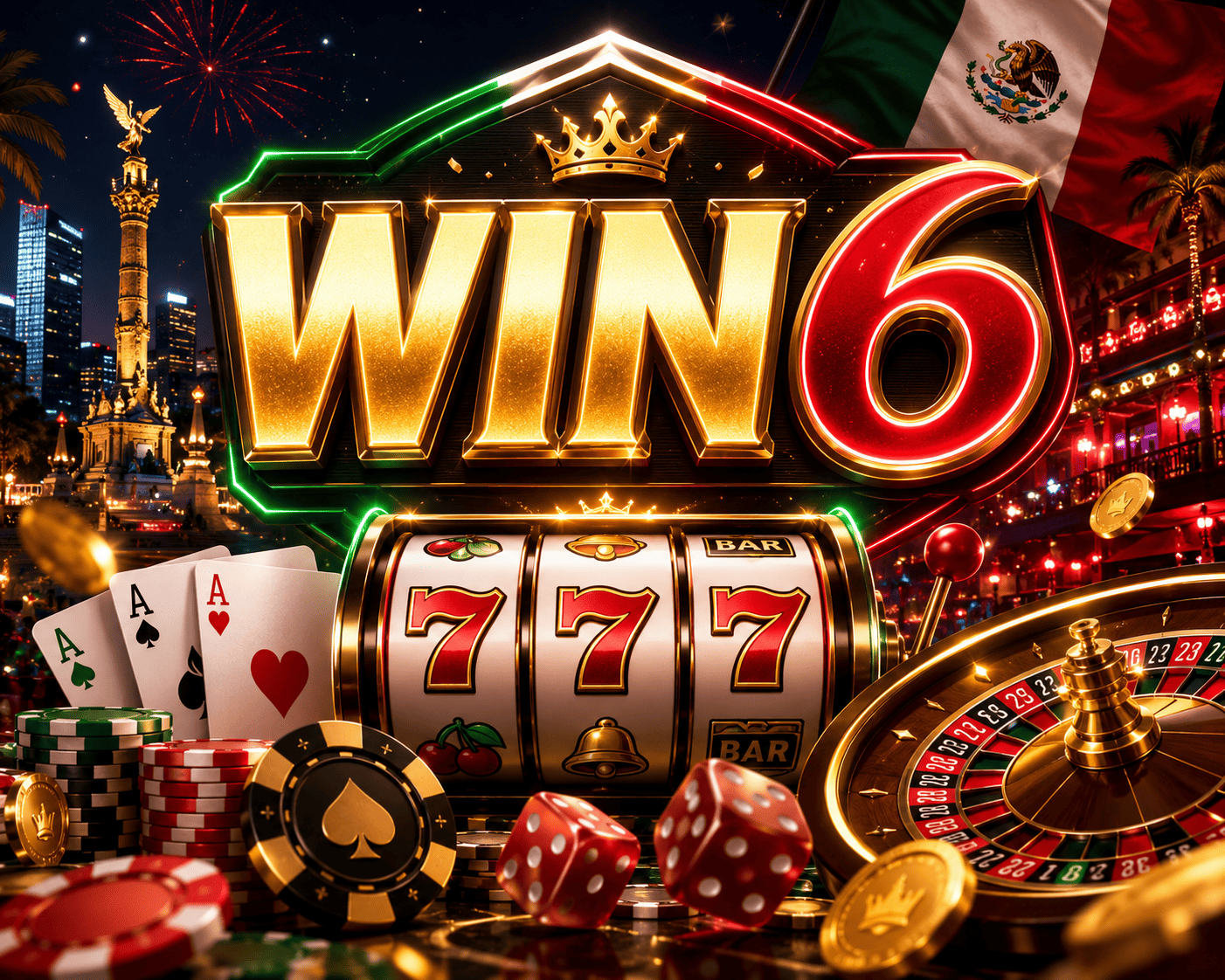 WIN6 México - casino de seis rutas Lobby móvil de WIN6 con seis rutas de casino, slots, bonos, jackpots y acceso rápido